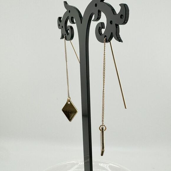 Vintage Gold Tone Diamond Shape Threader Earrings Modern Minimalist Dangle Drop - Picture 6 of 8